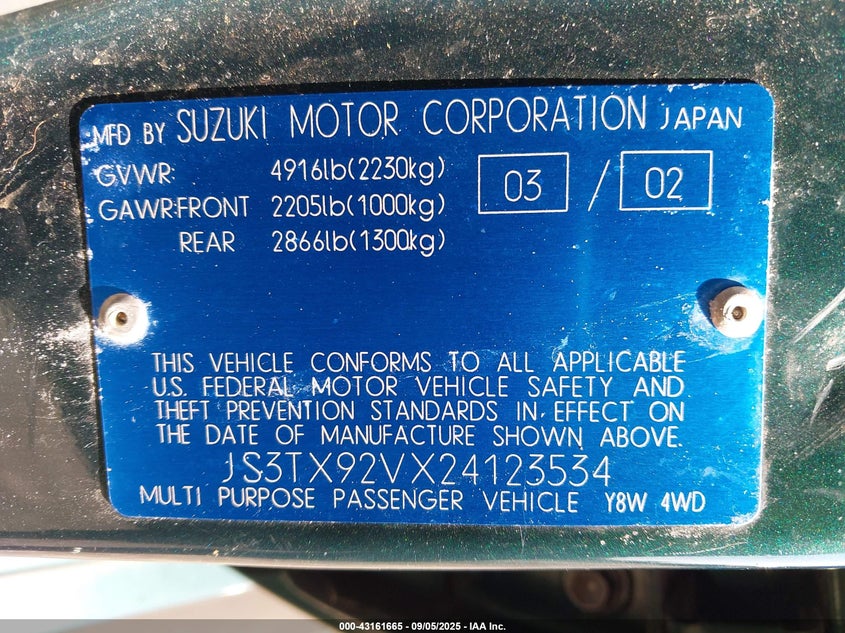 2002 Suzuki Xl-7 Limited/Plus/Standard/Touring VIN: JS3TX92VX24123534 Lot: 43161665
