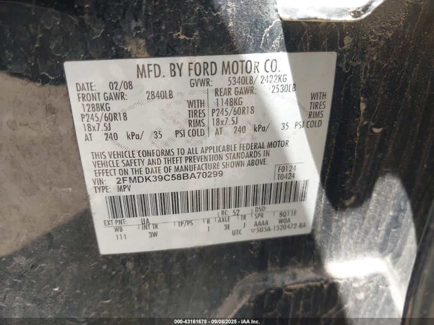 2008 Ford Edge Limited VIN: 2FMDK39C58BA70299 Lot: 43161678