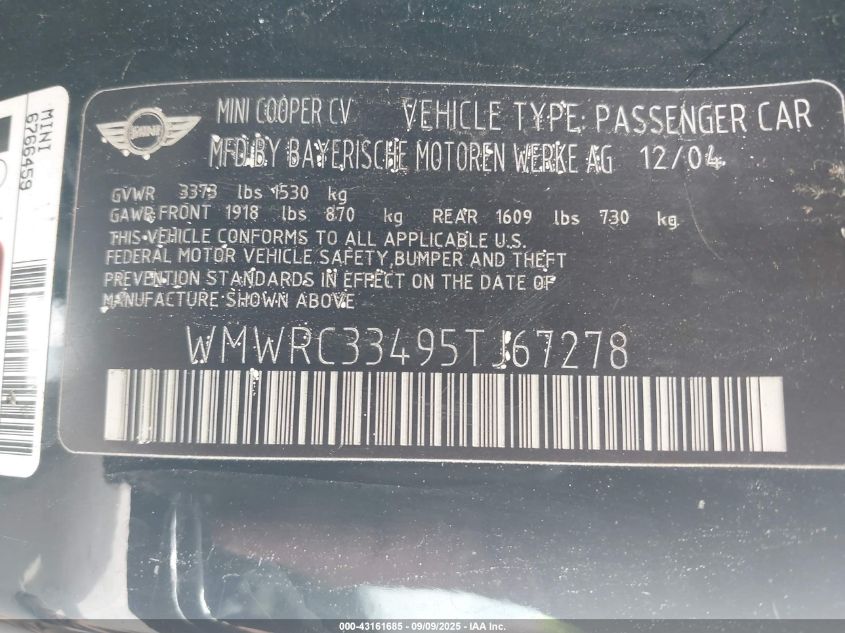 2005 Mini Cooper VIN: WMWRC33495TJ67278 Lot: 43161685