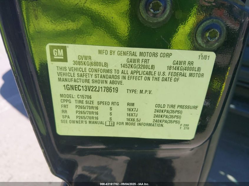 2002 Chevrolet Tahoe Ls VIN: 1GNEC13V22J178619 Lot: 43161702