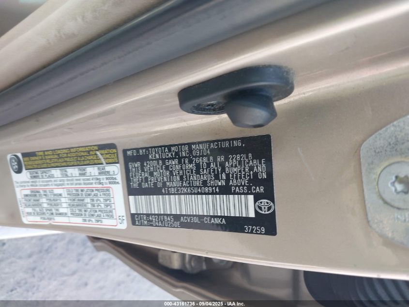 2005 Toyota Camry Le VIN: 4T1BE32K65U408914 Lot: 43161736