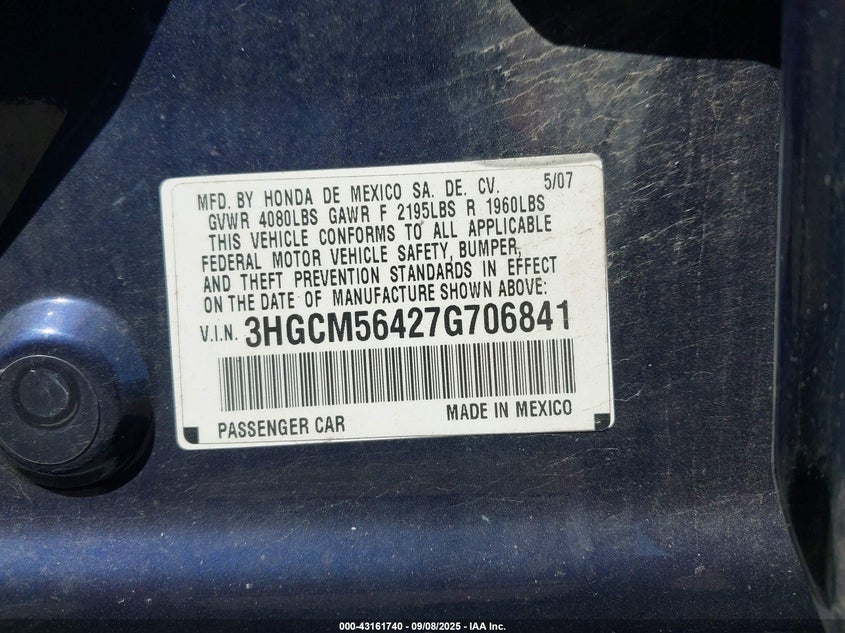 3HGCM56427G706841 2007 HONDA ACCORD photo no. 9