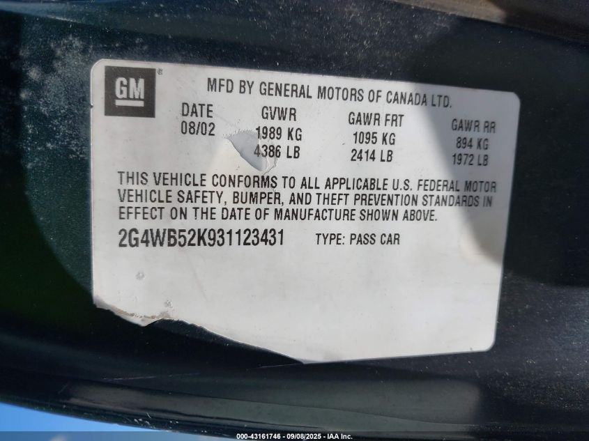 2003 Buick Regal Ls VIN: 1G4WB52K931123431 Lot: 43161746