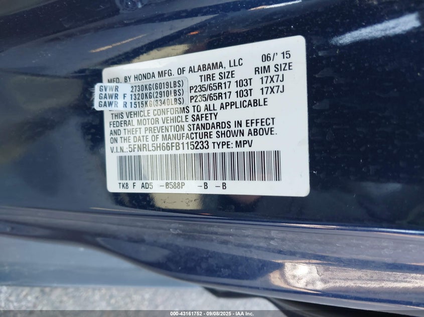 2015 Honda Odyssey Ex-L VIN: 5FNRL5H66FB115233 Lot: 43161752