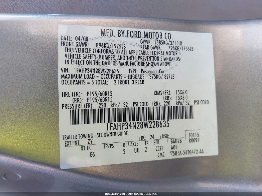 2008 Ford Focus S VIN: 1FAHP34N28W228635 Lot: 43161769