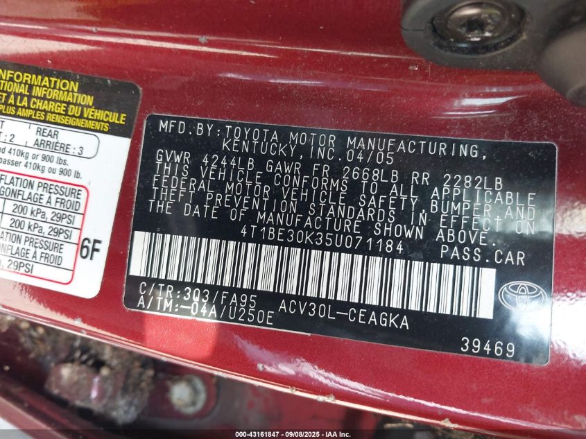 2005 Toyota Camry Xle VIN: 4T1BE30K35U071184 Lot: 43161847