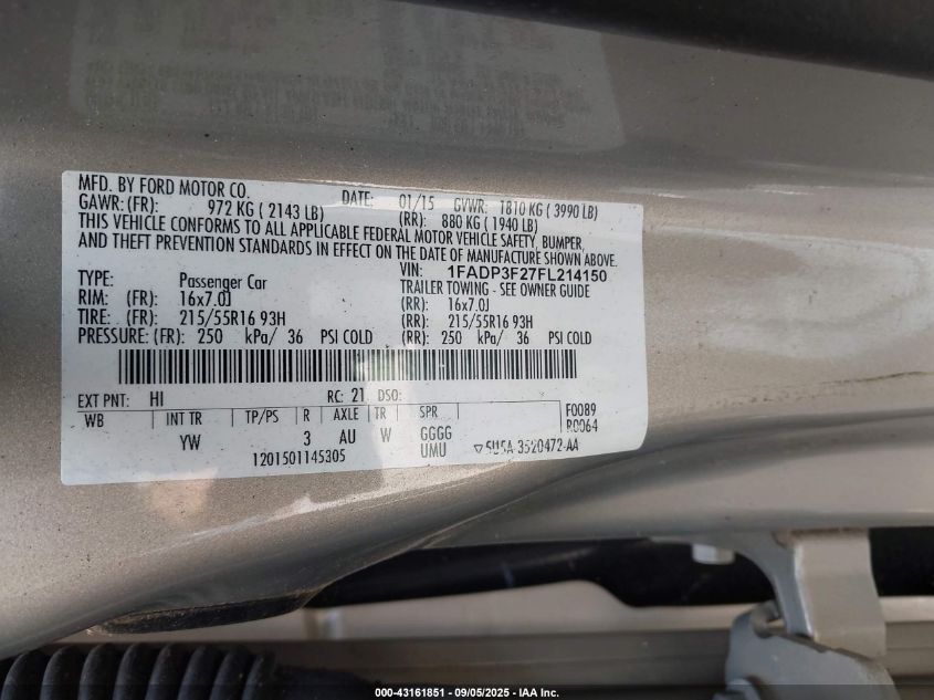 2015 Ford Focus Se VIN: 1FADP3F27FL214150 Lot: 43161851