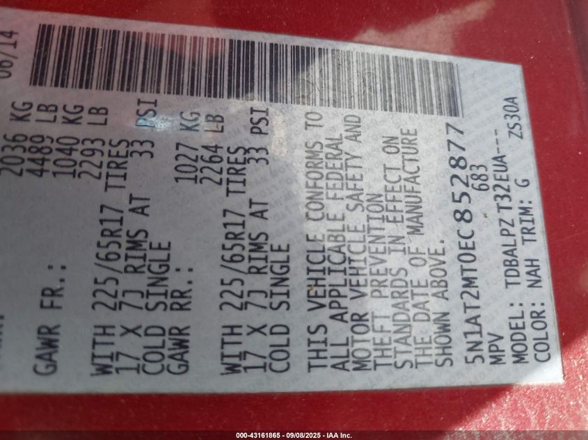 2014 Nissan Rogue S VIN: 5N1AT2MT0EC852877 Lot: 43161865