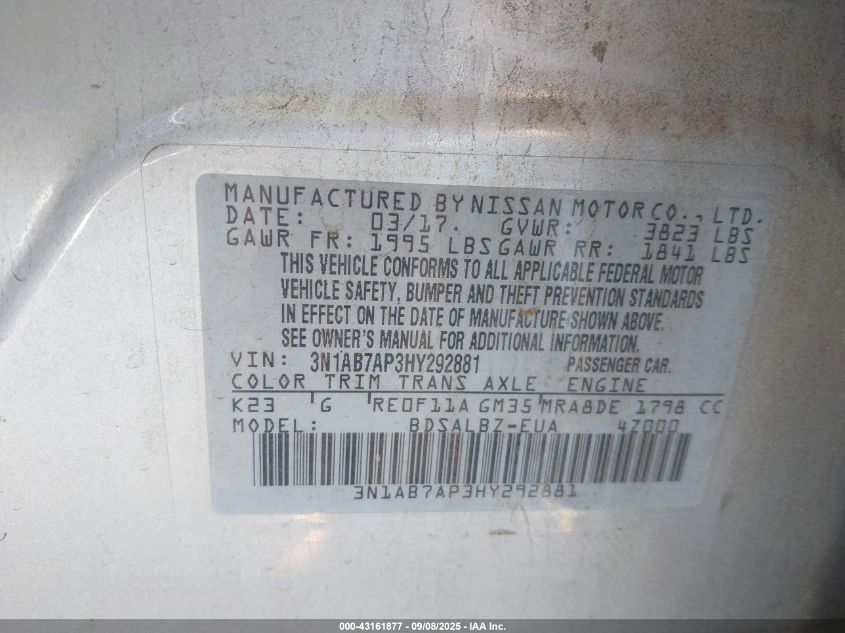 2017 Nissan Sentra S VIN: 3N1AB7AP3HY292881 Lot: 43161877