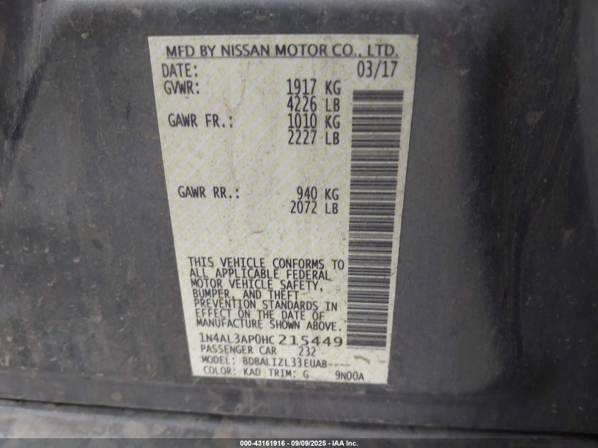 2017 NISSAN ALTIMA 2.5 SV - 1N4AL3AP0HC215449