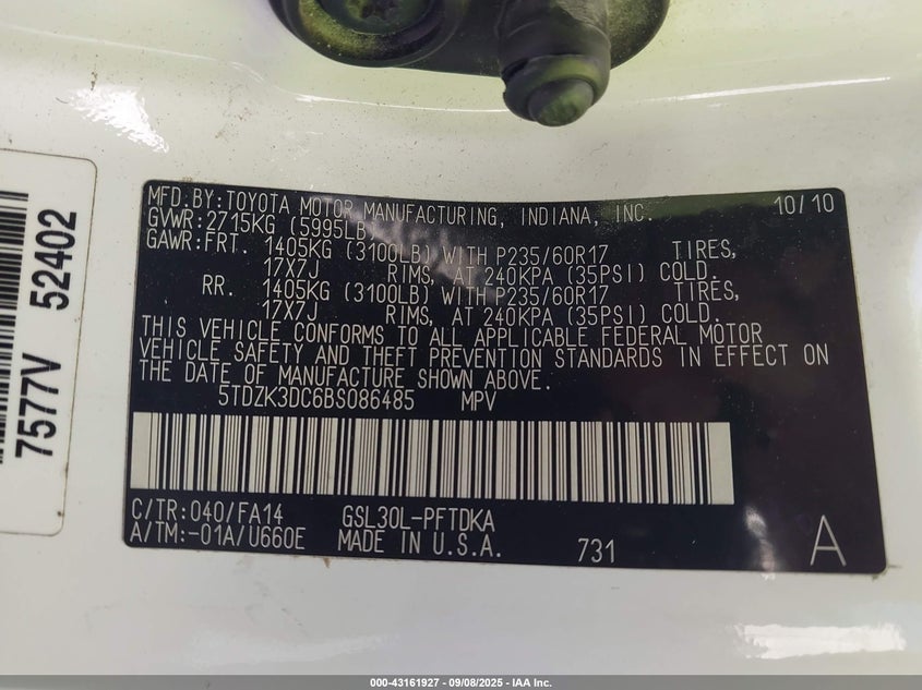 2011 Toyota Sienna Base V6 VIN: 5TDZK3DC6BS086485 Lot: 43161927