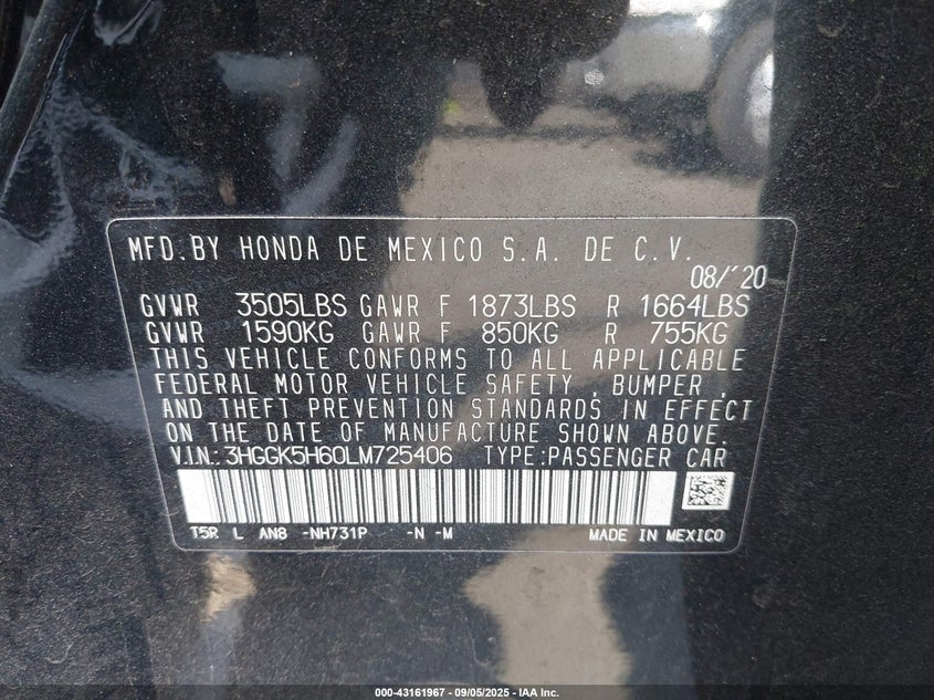 2020 HONDA FIT SPORT - 3HGGK5H60LM725406