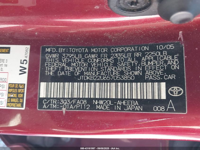 2005 Toyota Prius VIN: JTDKB22U657053850 Lot: 43161997