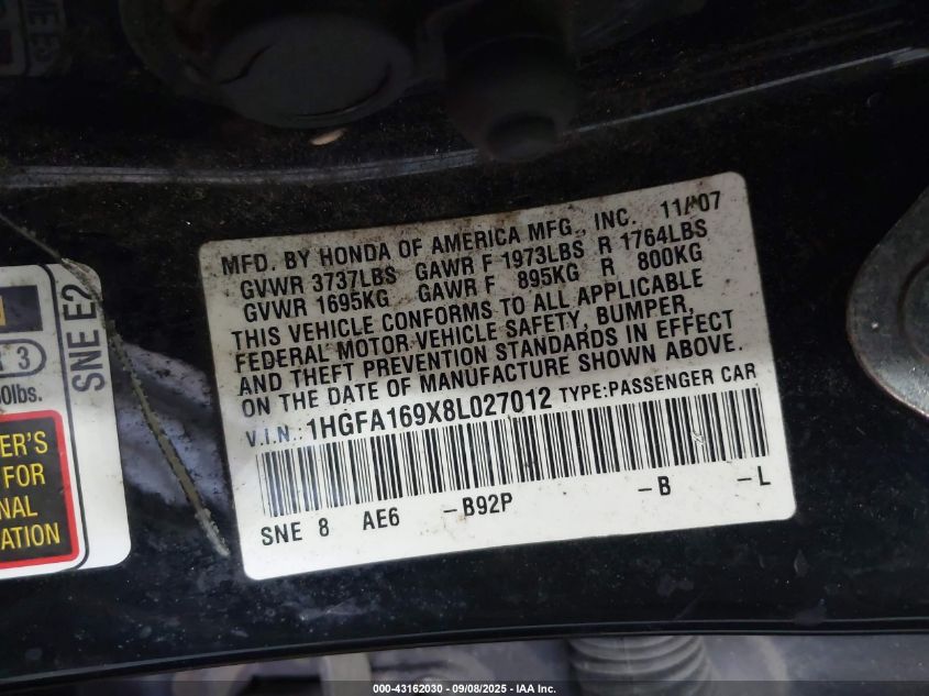2008 Honda Civic Ex-L VIN: 1HGFA169X8L027012 Lot: 43162030