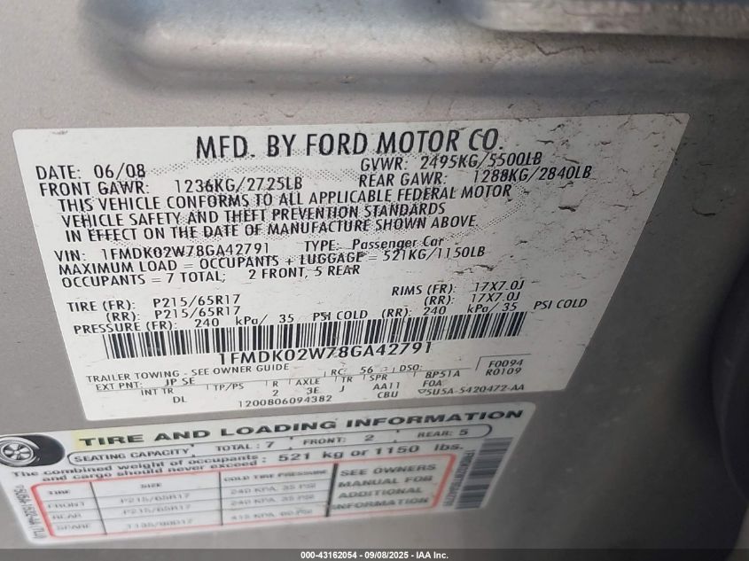 2008 Ford Taurus X Sel VIN: 1FMDK02W78GA42791 Lot: 43162054