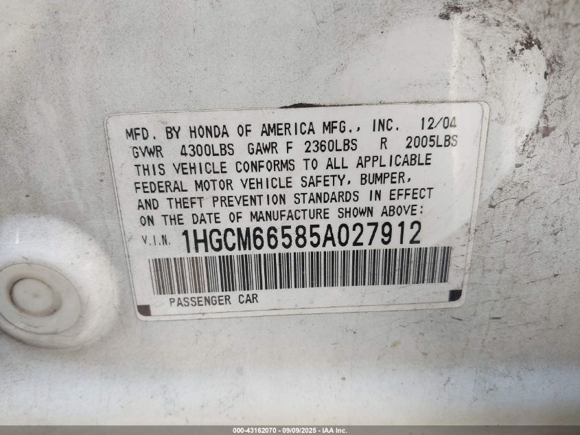 2005 Honda Accord 3.0 Ex VIN: 1HGCM66585A027912 Lot: 43162070