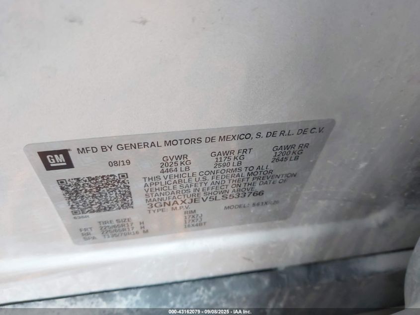 2020 Chevrolet Equinox Fwd 2Fl VIN: 3GNAXJEV5LS533766 Lot: 43162079