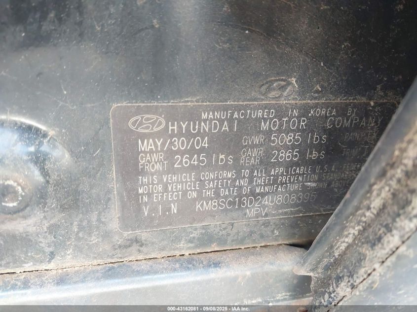 2004 Hyundai Santa Fe VIN: KM8SC13024U808395 Lot: 43162081