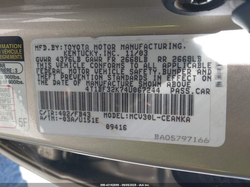 2004 Toyota Camry Le V6 VIN: 4T1BF32K74U067244 Lot: 43162095