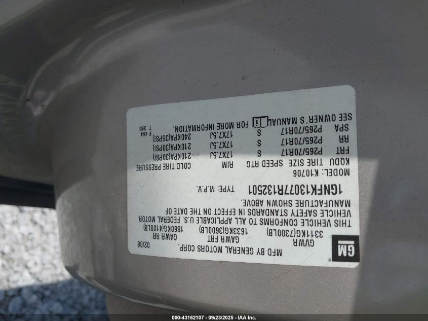 2007 Chevrolet Tahoe Lt VIN: 1GNFK13077R132501 Lot: 43162107