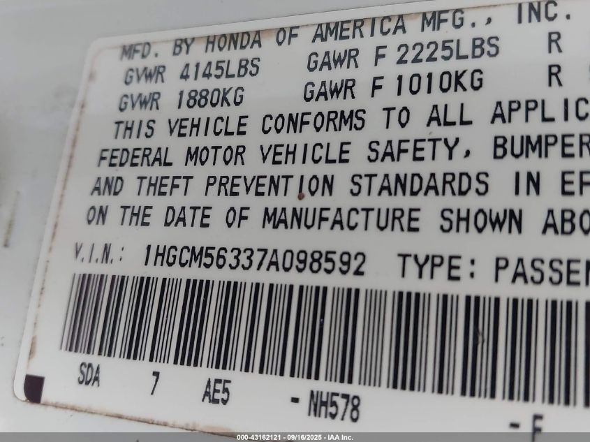 2007 Honda Accord 2.4 Se VIN: 1HGCM56337A098592 Lot: 43162121