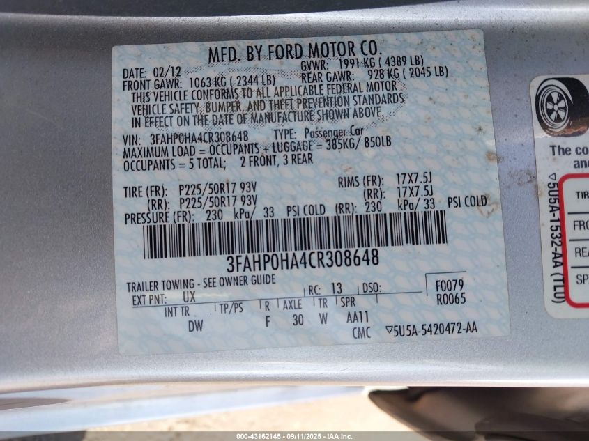 2012 Ford Fusion Se VIN: 3FAHP0HA4CR308648 Lot: 43162145