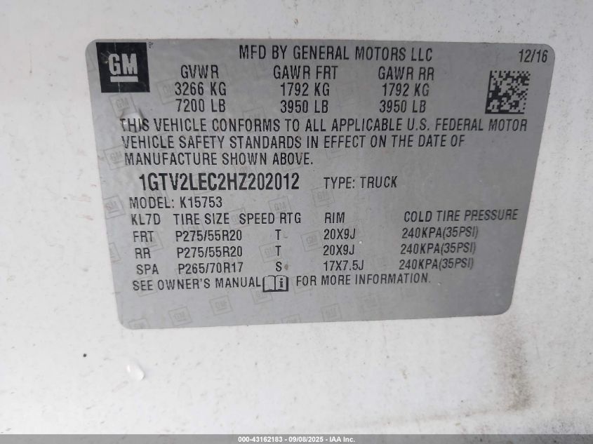 2017 GMC Sierra 1500 VIN: 1GTV2LEC2HZ202012 Lot: 43162183