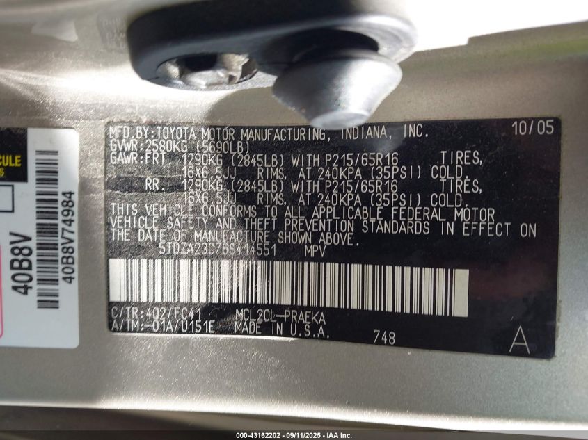 2006 Toyota Sienna Le VIN: 5TDZA23C76S414551 Lot: 43162202