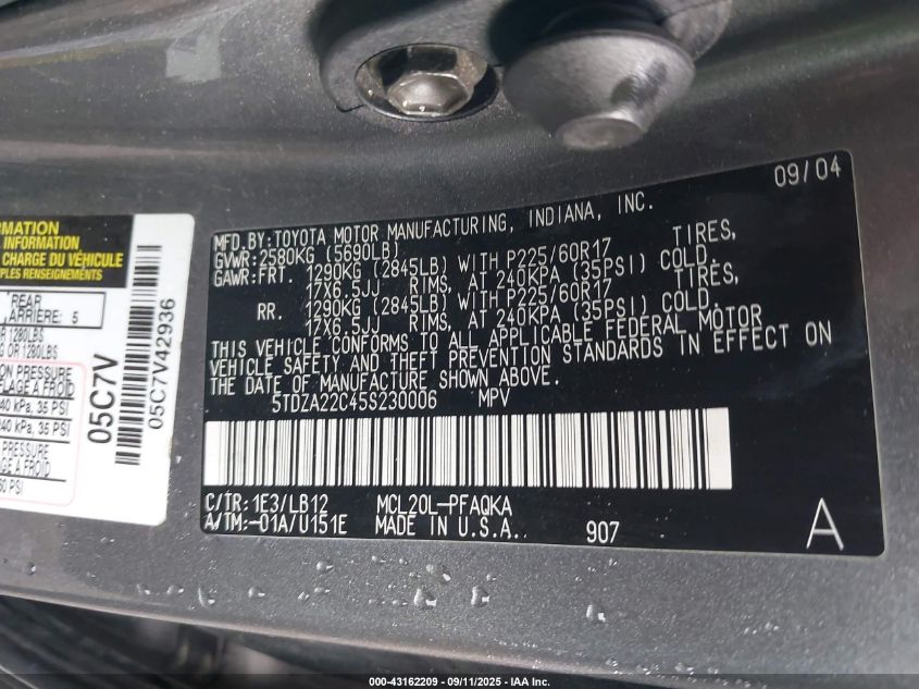 2005 Toyota Sienna Xle VIN: 5TDZA22C45S230006 Lot: 43162209