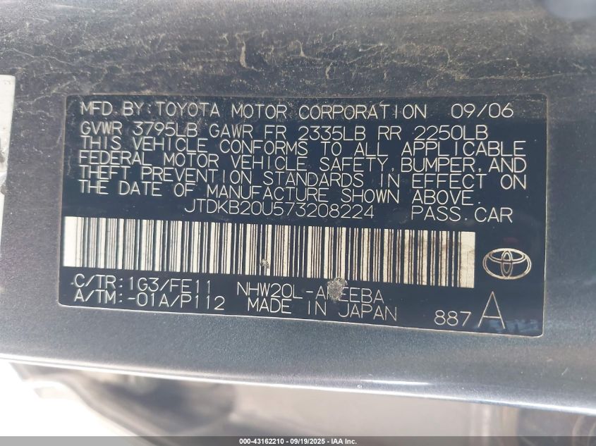 2007 Toyota Prius VIN: JTDKB20U573208224 Lot: 43162210