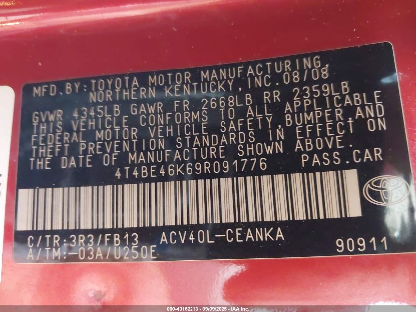 2009 Toyota Camry Le VIN: 4T4BE46K69R091776 Lot: 43162213