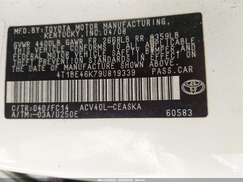 2009 Toyota Camry Se VIN: 4T1BE46K79U819339 Lot: 43162222