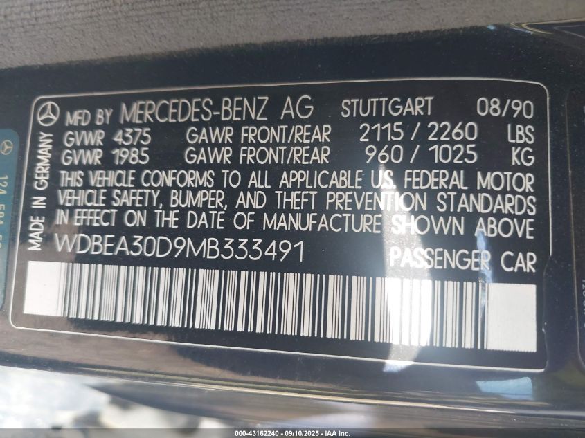 1991 Mercedes-Benz 300 E VIN: WDBEA30D9MB333491 Lot: 43162240