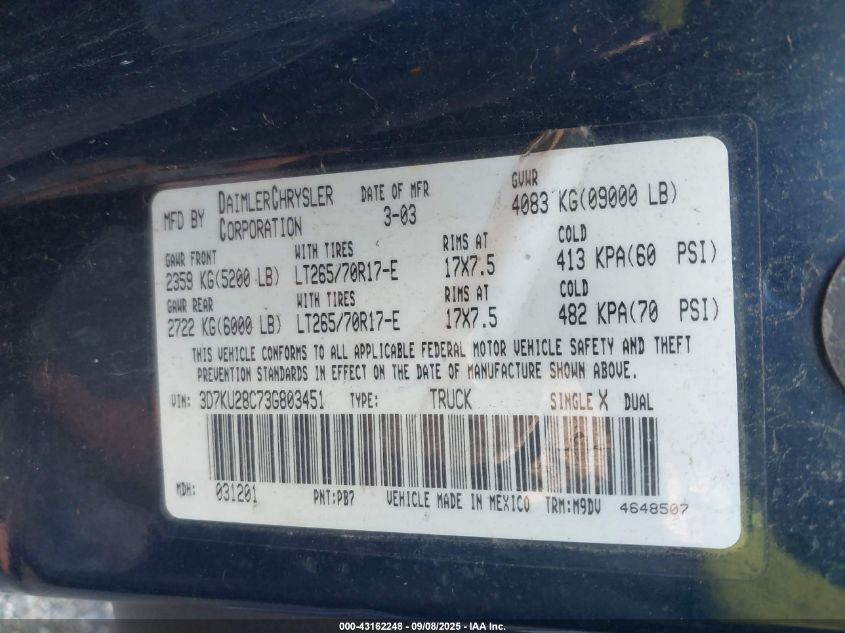 2003 Dodge Ram 2500 Slt/Laramie/St VIN: 3D7KU28C73G803451 Lot: 43162248