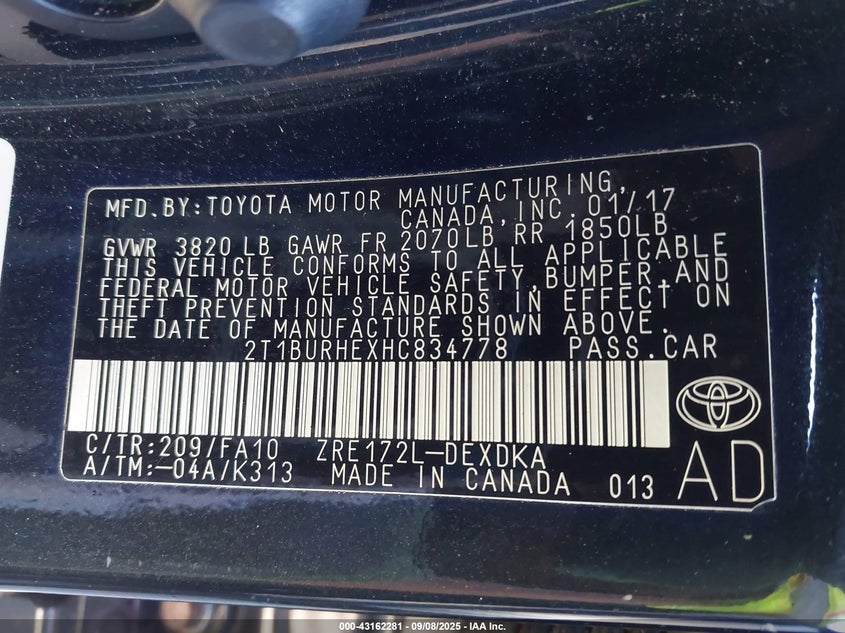 2017 Toyota Corolla L VIN: 2T1BURHEXHC834778 Lot: 43162281