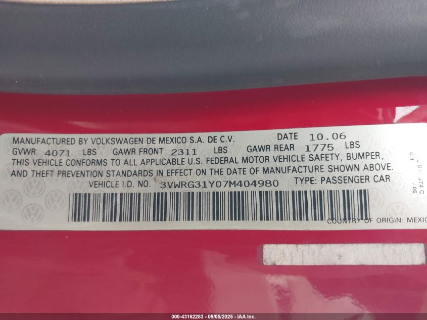 2007 Volkswagen New Beetle 2.5 VIN: 3VWRG31Y07M404980 Lot: 43162283
