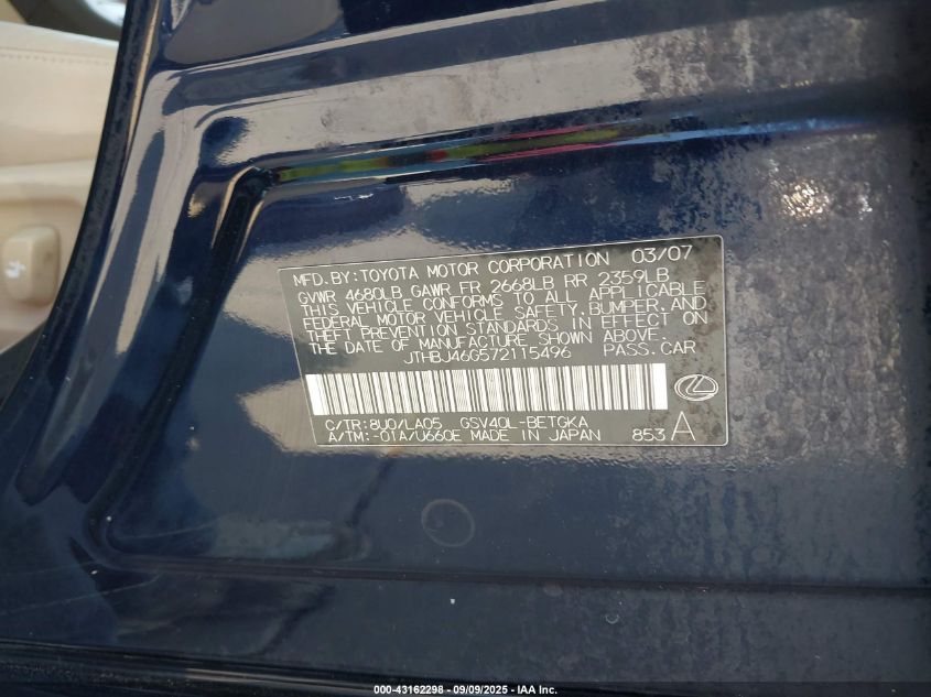 2007 Lexus Es 350 VIN: JTHBJ46G572115496 Lot: 43162298