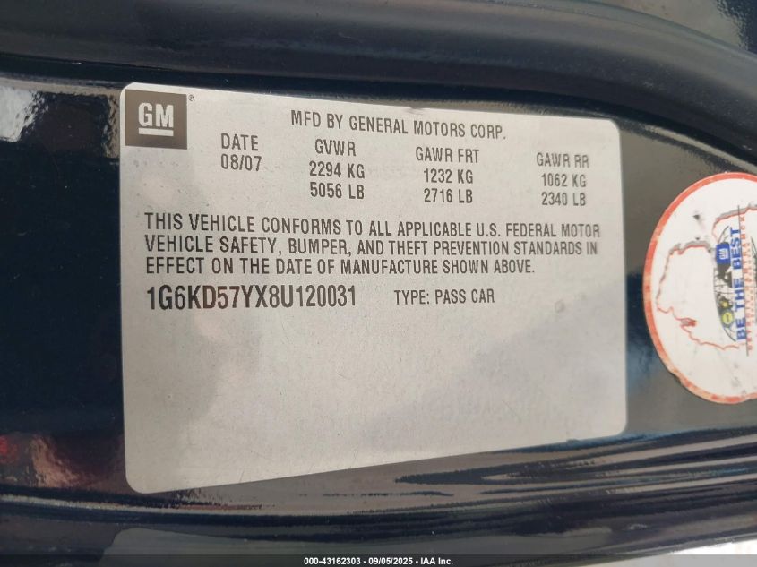 2008 Cadillac Dts 1Sc VIN: 1G6KD57YX8U120031 Lot: 43162303