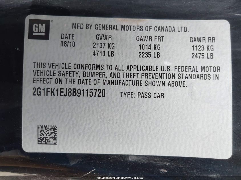 2011 Chevrolet Camaro 2Ss VIN: 2G1FK1EJ8B9115720 Lot: 43162309