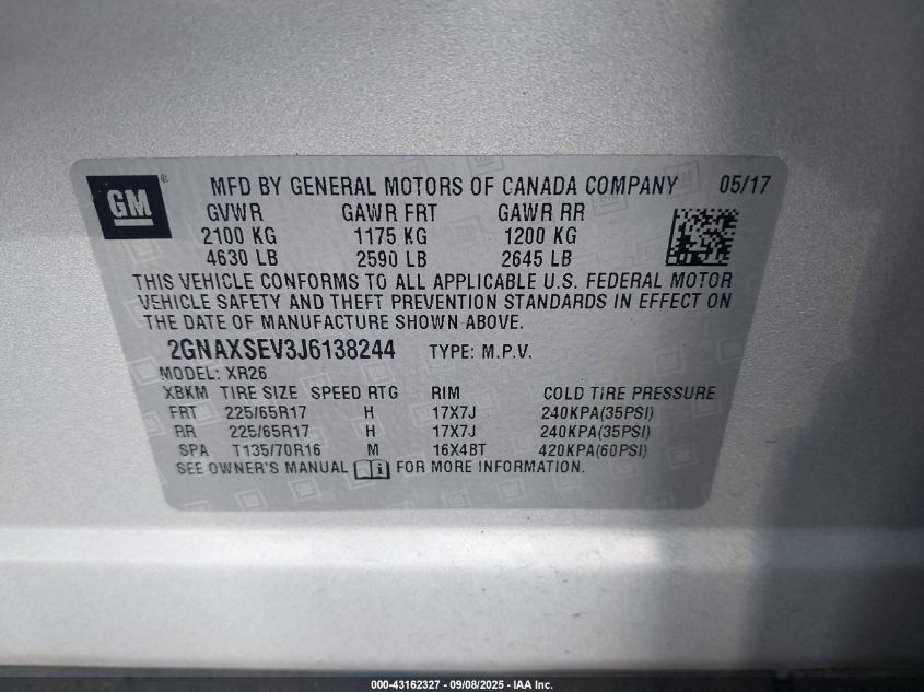 2018 Chevrolet Equinox Lt VIN: 2GNAXSEV3J6138244 Lot: 43162327