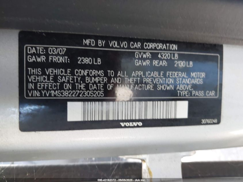 2007 Volvo S40 2.4I VIN: YV1MS382272305205 Lot: 43162372