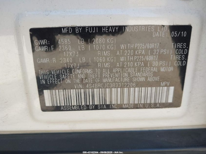 2011 Subaru Outback 2.5I Limited VIN: 4S4BRCJC3B3312206 Lot: 43162384