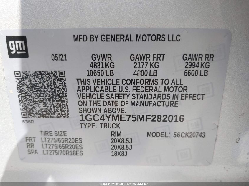 2021 Chevrolet Silverado 2500Hd 4Wd Standard Bed Custom VIN: 1GC4YME75MF282016 Lot: 43162392