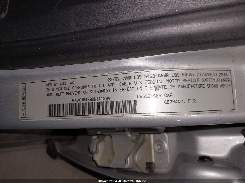 2002 Audi S6 Avant VIN: WAUXU64B92N111294 Lot: 43162394