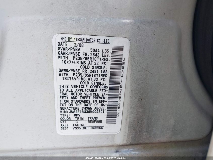 2009 Nissan Murano S VIN: JN8AZ18U39W009801 Lot: 43162426