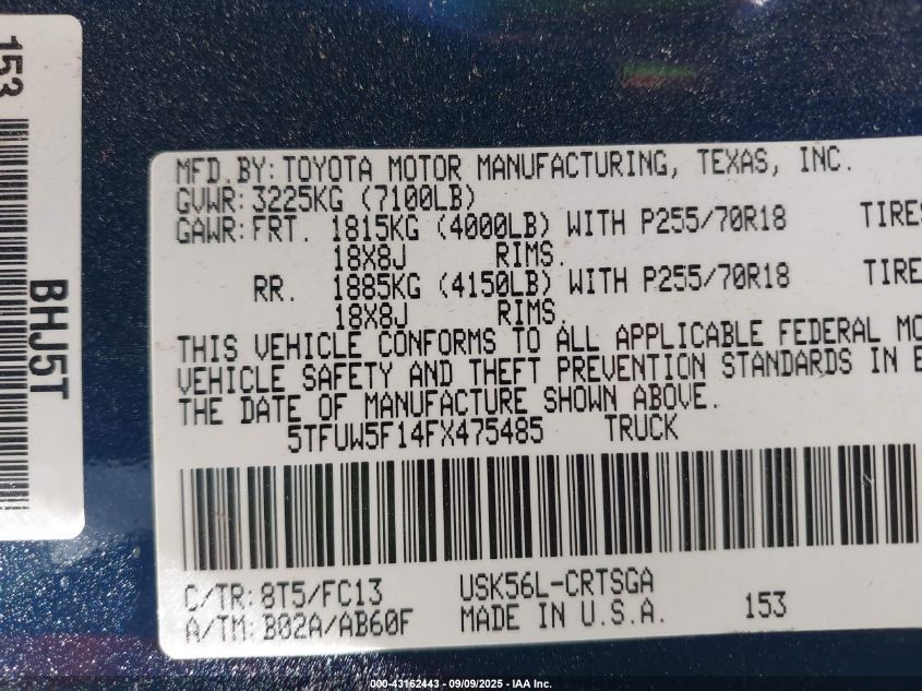 2015 Toyota Tundra Sr5 5.7L V8 VIN: 5TFUW5F14FX475485 Lot: 43162443