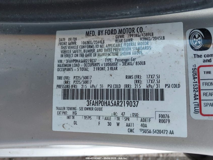 2010 Ford Fusion Se VIN: 3FAHP0HA5AR219037 Lot: 43162487