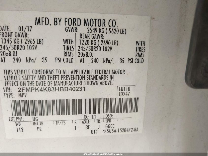 2017 Ford Edge Titanium VIN: 2FMPK4K83HBB40231 Lot: 43162489