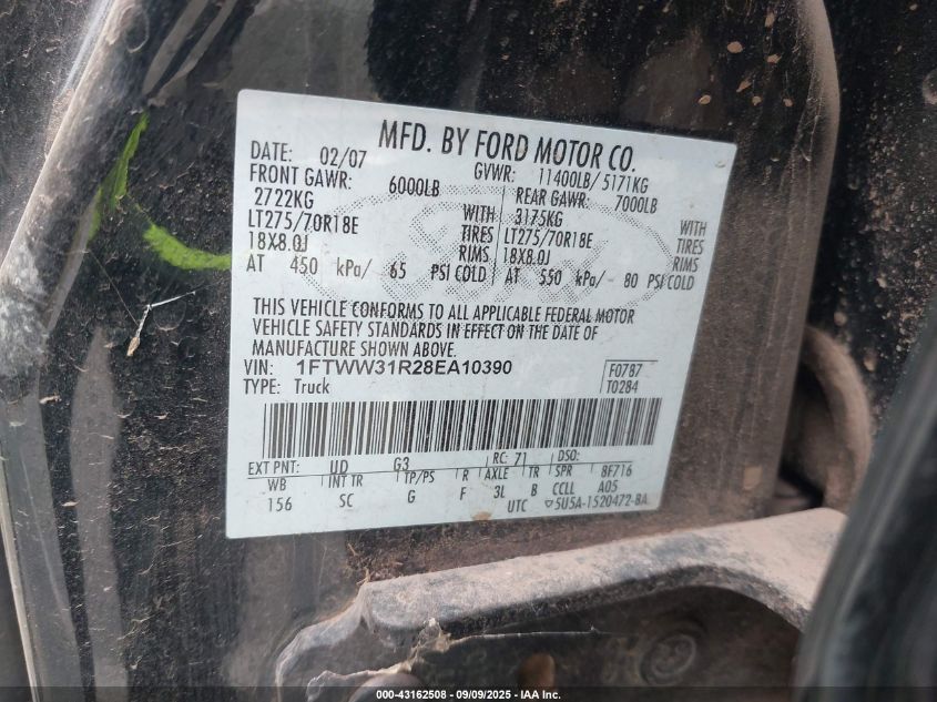 2008 Ford F-350 King Ranch VIN: 1FTWW31R28EA10390 Lot: 43162508