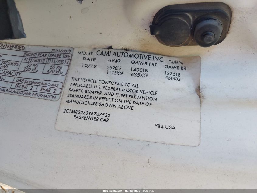 2000 Chevrolet Metro VIN: 2C1MR2263Y6707520 Lot: 43162521